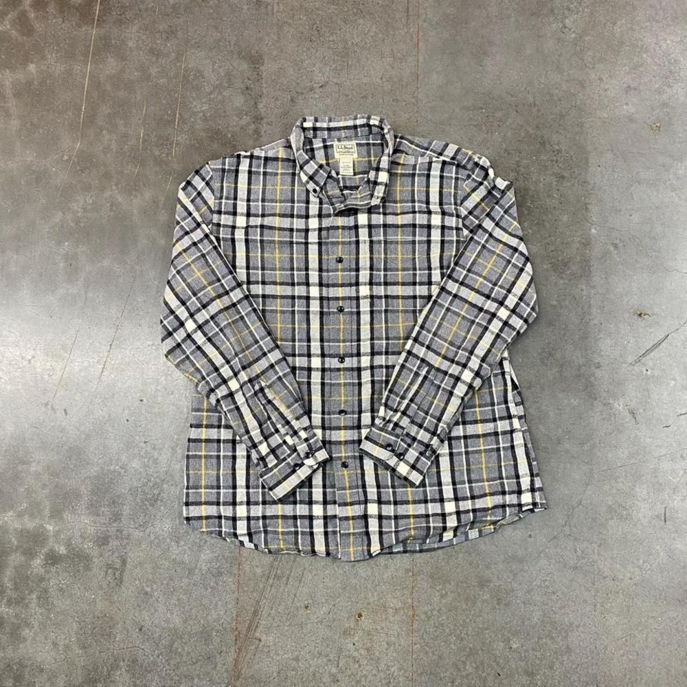 LL Bean Plaid Flannel Slightly Fitted Button Up Shirt‎ Gray Yellow XL - Picture 2 of 6